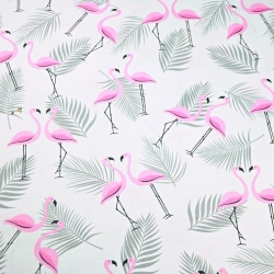 Baumwolle 100% Flamingos mit Blättern rosa-grau auf weißem Hintergrund  