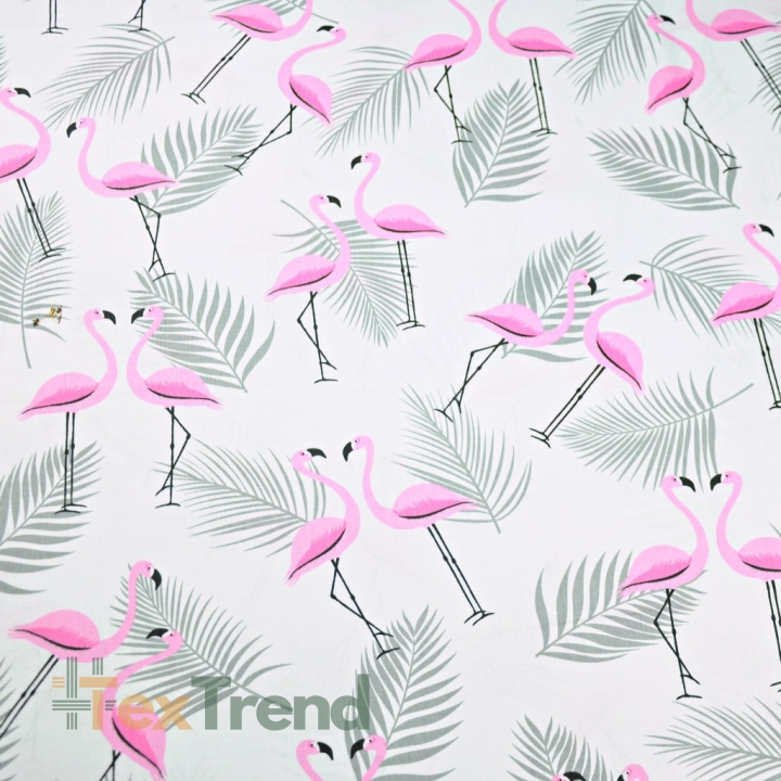 Baumwolle 100% Flamingos mit Blättern rosa-grau auf weißem Hintergrund  