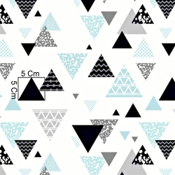Baumwolle 100% gemusterte Dreiecke grau-türkis auf weißem Hintergrund  