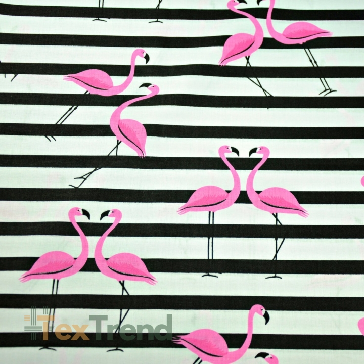 Baumwolle 100% Flamingos mit schwarzen Streifen auf weißem Hintergrund  