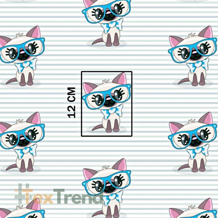 Baumwolle 100% Katzen mit blauen Brillen auf gestreiftem Hintergrund  