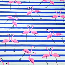 Baumwolle 100% Flamingos mit dunkelblauen Streifen auf weißem Hintergrund  