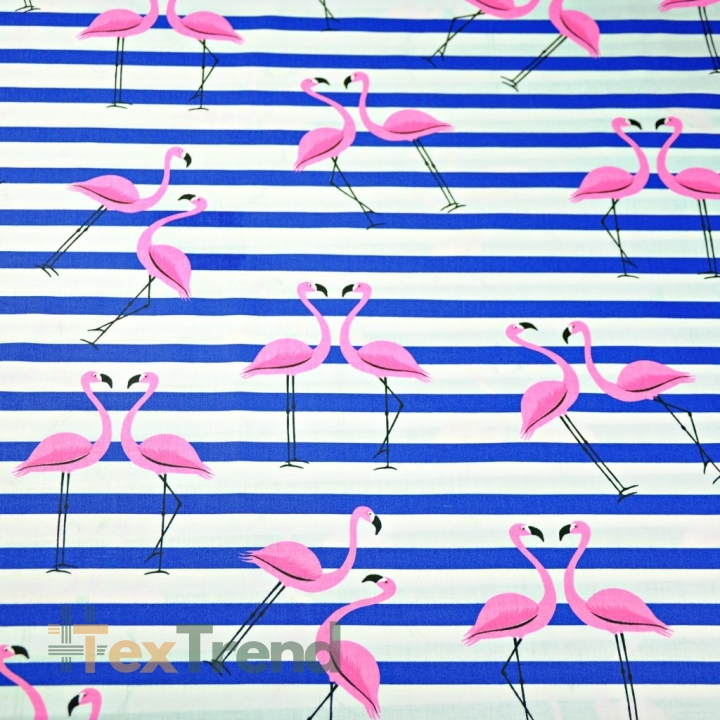 Baumwolle 100% Flamingos mit dunkelblauen Streifen auf weißem Hintergrund  