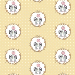 Baumwolle 100% Hunde in Rädern auf beige gepunktetem Hintergrund  