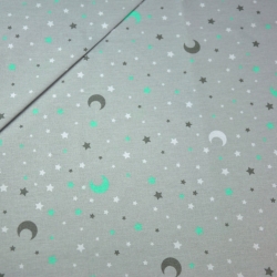 Baumwolle 100% Sterne und Monde grau-minze auf grauem Hintergrund.  