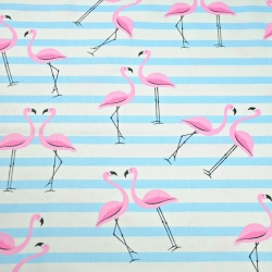 Baumwolle 100% Flamingos mit himmelblauen Streifen auf weißem Hintergrund  