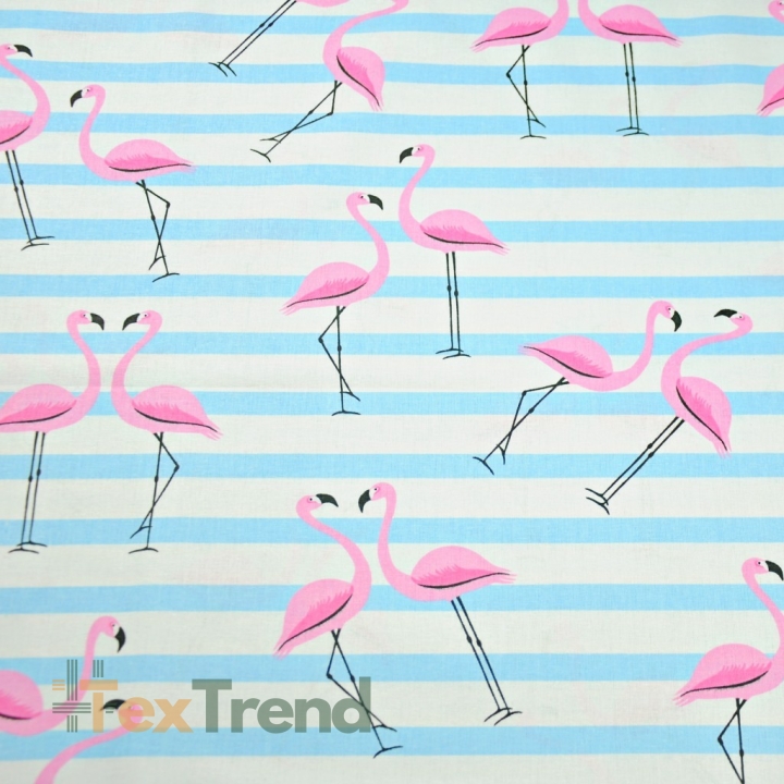Baumwolle 100% Flamingos mit himmelblauen Streifen auf weißem Hintergrund  