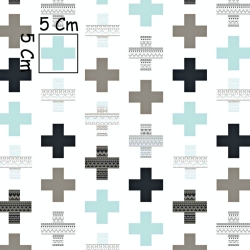 Baumwolle 100% gemusterte Pluszeichen grau-minze auf weißem Hintergrund  