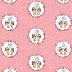 Baumwolle 100% Hunde in Rädern auf rosa gepunktetem Hintergrund  