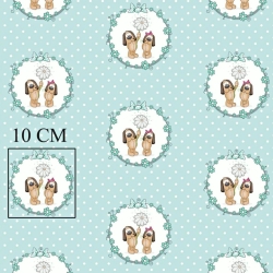 Baumwolle 100% Hunde in Rädern auf mintfarbenem gepunktetem Hintergrund  