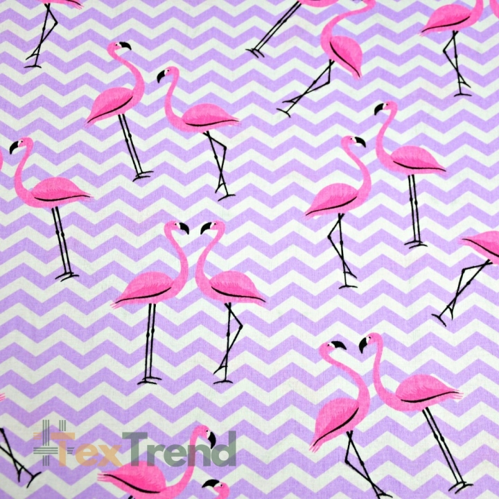 Baumwolle 100% Flamingos mit lila Zickzack auf weißem Hintergrund  