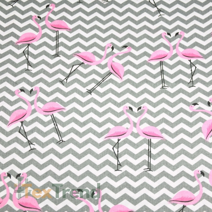 Baumwolle 100% Flamingos mit grauen Zickzack auf weißem Hintergrund  