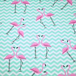 Baumwolle 100% Flamingos mit mintfarbenen Zickzack auf weißem Hintergrund  