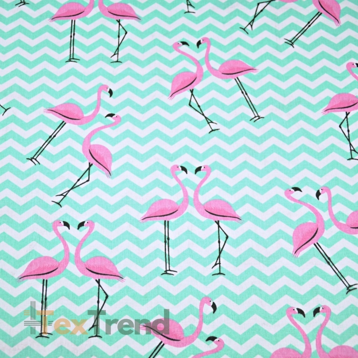Baumwolle 100% Flamingos mit mintfarbenen Zickzack auf weißem Hintergrund  