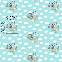 Baumwolle 100% Vögel mit Kopfhörern auf mintfarbenem Hintergrund  