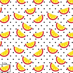 Baumwolle 100% Orangen auf weißem Hintergrund mit schwarzen Punkten  