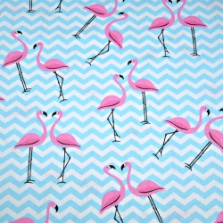 Baumwolle 100% Flamingos mit hellblauen Zickzack auf weißem Hintergrund  