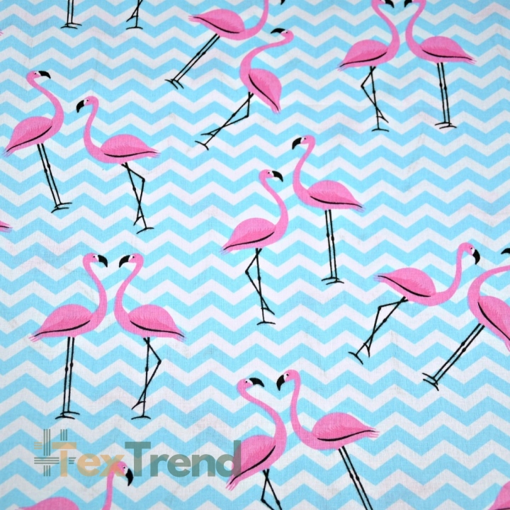 Baumwolle 100% Flamingos mit hellblauen Zickzack auf weißem Hintergrund  