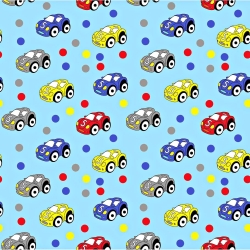 Baumwolle 100% bunte Autos mit Punkten auf blauem Hintergrund  