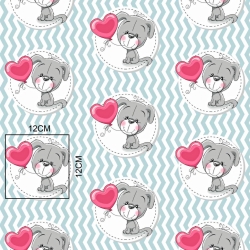 Baumwolle 100% Hunde mit Ballon auf grau-mint gestreiftem Hintergrund  