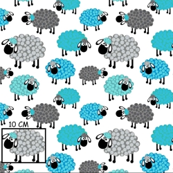 Baumwolle 100% Schafe blau-grau gepunktet auf weißem Hintergrund  
