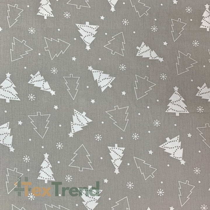 Baumwolle 100% Weihnachtsmuster weiße Tannenbäume auf grauem Hintergrund  