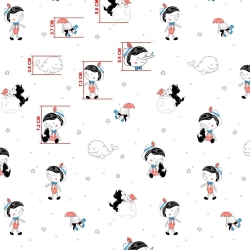Baumwolle 100% Pinocchio rot-blau auf weißem Hintergrund  