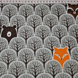 Baumwolle 100% Waschbären und Füchse in grauen Bäumen  