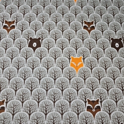 Baumwolle 100% Waschbären und Füchse in grauen Bäumen  