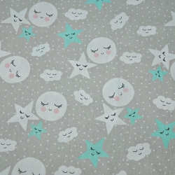 Baumwolle 100% schlafende Sterne weiß-minze auf grauem Hintergrund  
