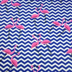 Baumwolle 100% Flamingos mit dunkelblauen Zickzack auf weißem Hintergrund  