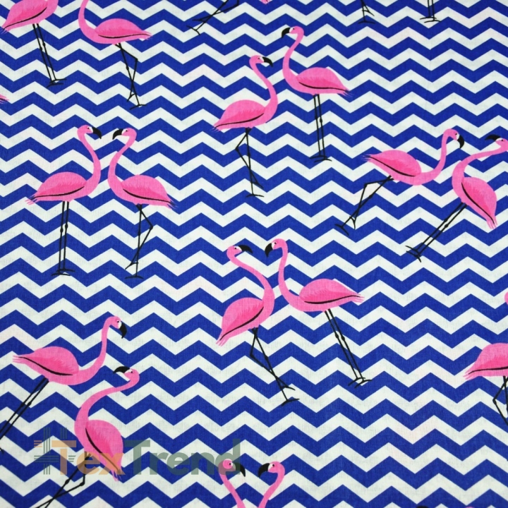 Baumwolle 100% Flamingos mit dunkelblauen Zickzack auf weißem Hintergrund  