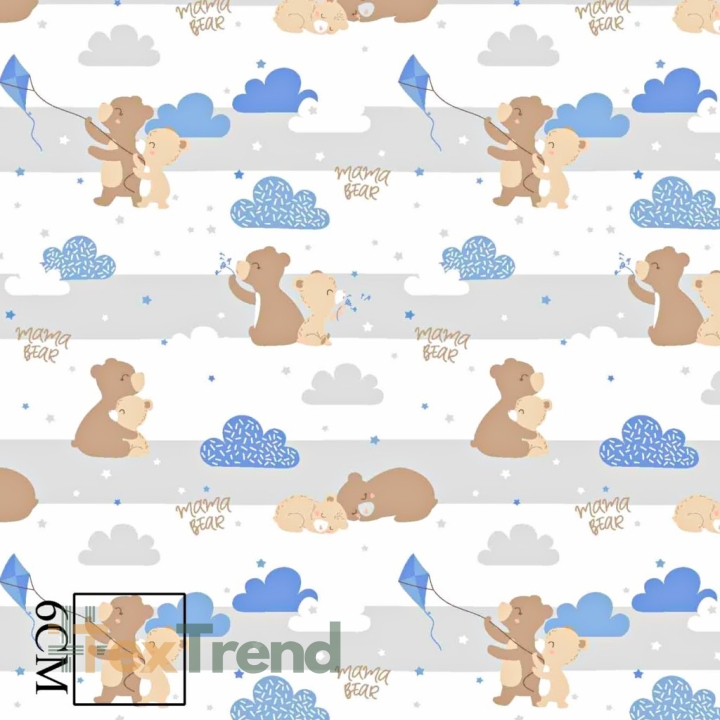 Baumwolle 100% Bären mit Drachen beige-blau auf weißem Hintergrund  