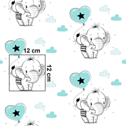 Baumwolle 100% Elefanten mit mintfarbenem Ballon auf weißem Hintergrund  