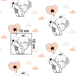 Baumwolle 100% Elefanten mit aprikosenfarbenem Ballon auf weißem Hintergrund  