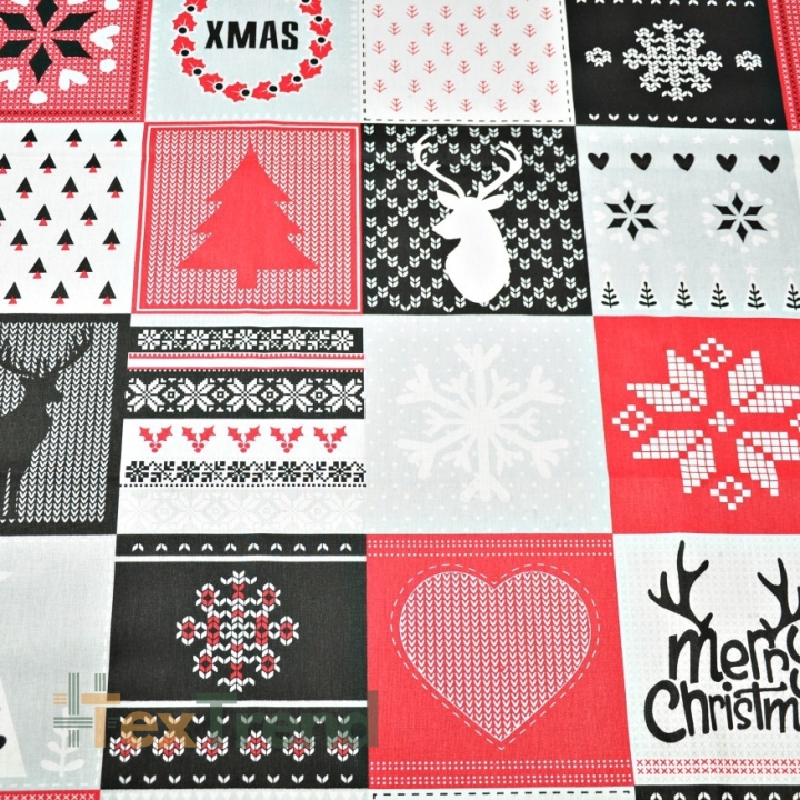 Baumwolle 100% Weihnachtsmuster Patchwork grau-rot  