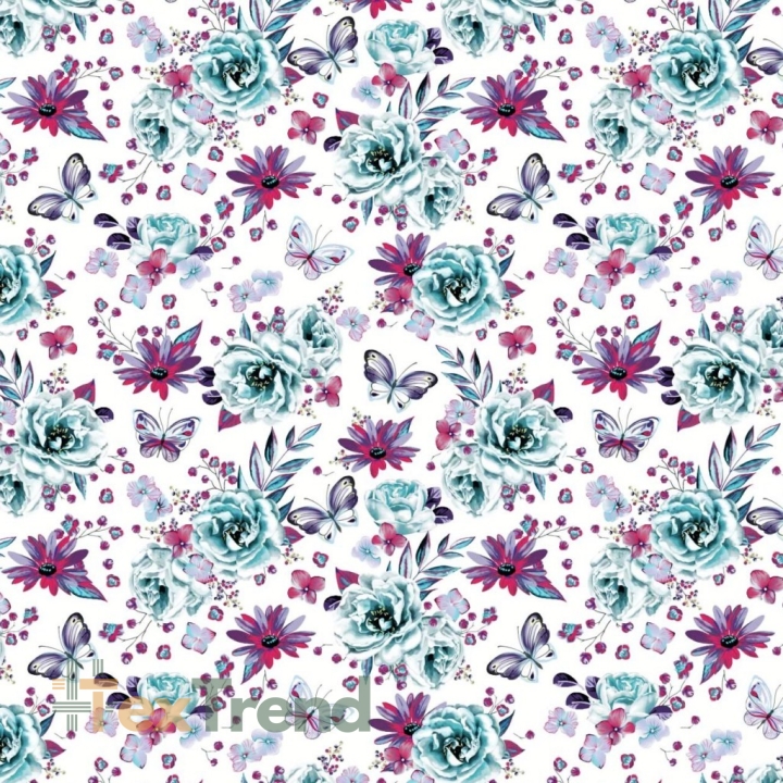 Baumwolle 100% Blumen mit Schmetterlingen mint-lila auf weißem Hintergrund  