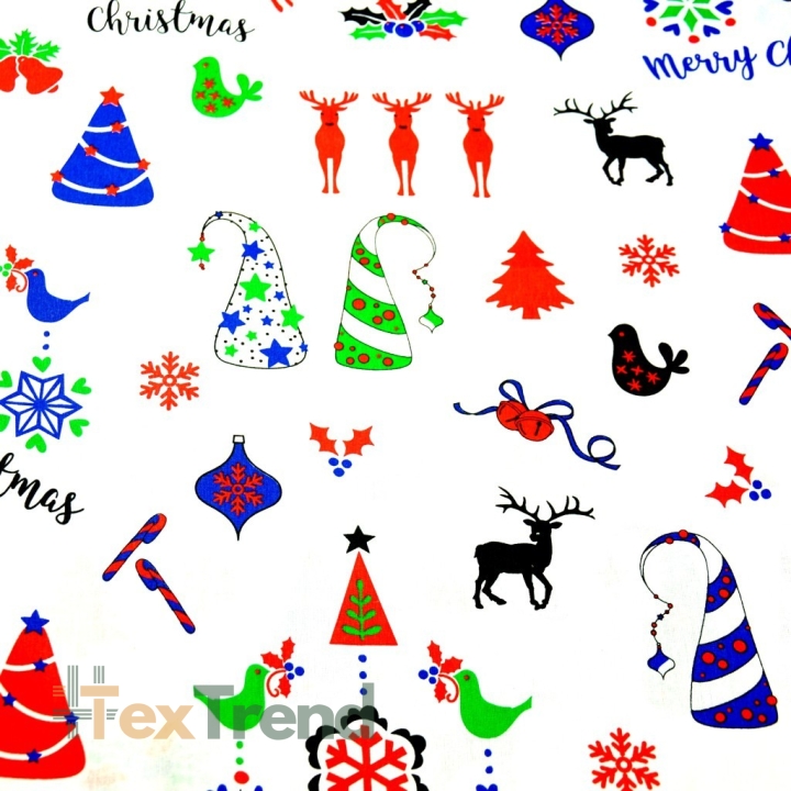 Baumwolle 100% Weihnachtsmuster bunt auf weißem Hintergrund  