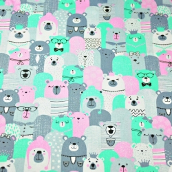 Baumwolle 100% Bären im Kino grau-rosa-mint  