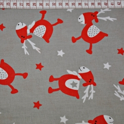 Baumwolle 100% Weihnachtsmuster rote Rentiere auf grauem Hintergrund  
