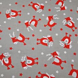 Baumwolle 100% Weihnachtsmuster rote Rentiere auf grauem Hintergrund  