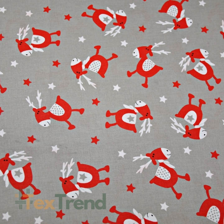 Baumwolle 100% Weihnachtsmuster rote Rentiere auf grauem Hintergrund  