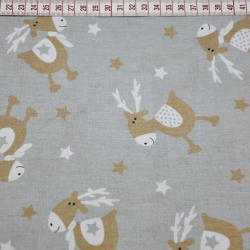 Baumwolle 100% Weihnachtsmuster beige Rentiere auf grauem Hintergrund  