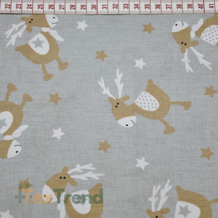Baumwolle 100% Weihnachtsmuster beige Rentiere auf grauem Hintergrund  