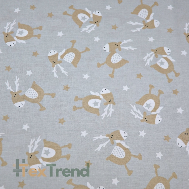 Baumwolle 100% Weihnachtsmuster beige Rentiere auf grauem Hintergrund  
