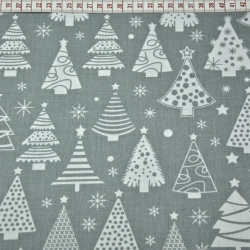 Baumwolle 100% Weihnachtsmuster Tannenbäume mit Kugeln auf grauem Hintergrund  