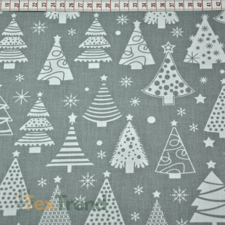 Baumwolle 100% Weihnachtsmuster Tannenbäume mit Kugeln auf grauem Hintergrund  