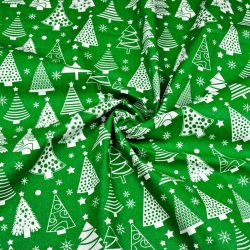 Baumwolle 100% Weihnachtsmuster Tannenbäume mit Kugeln auf grünem Hintergrund  