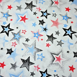 Baumwolle 100% Muster Sterne schwarz-rot-blau auf weißem Hintergrund  