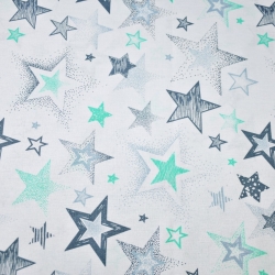 Baumwolle 100% Muster Sterne grau-minze auf weißem Hintergrund  